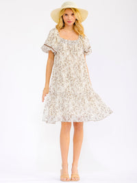 WOMEN'S SHORT PUFF SLEEVE SQUARE NECK FRONT POCKETS FLORAL MINI DRESS