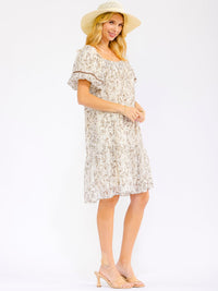 WOMEN'S SHORT PUFF SLEEVE SQUARE NECK FRONT POCKETS FLORAL MINI DRESS