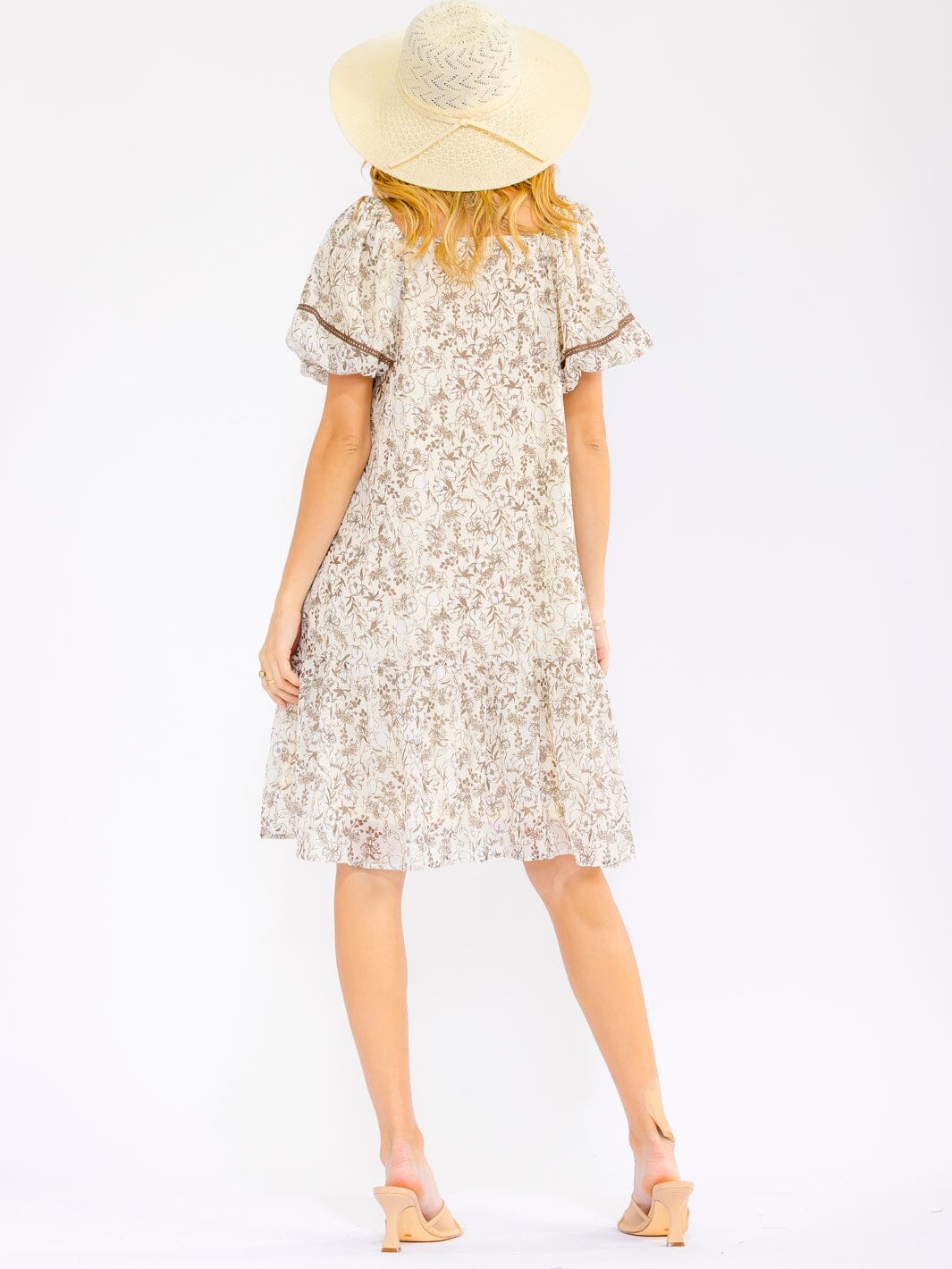 WOMEN'S SHORT PUFF SLEEVE SQUARE NECK FRONT POCKETS FLORAL MINI DRESS