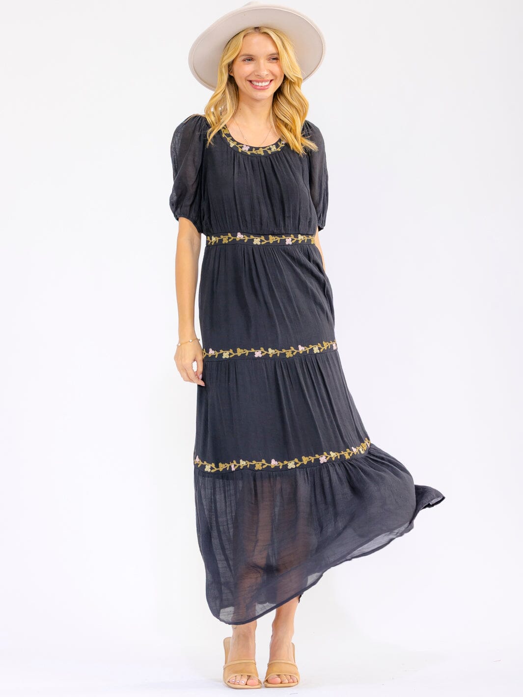 WOMEN'S SHORT SLEEVE V-NECK ELASTIC WAIST FRONT POCKETS FLORAL STITCHED MAXI DRESS