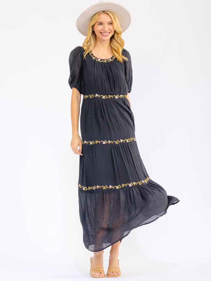 WOMEN'S SHORT SLEEVE V-NECK ELASTIC WAIST FRONT POCKETS FLORAL STITCHED MAXI DRESS