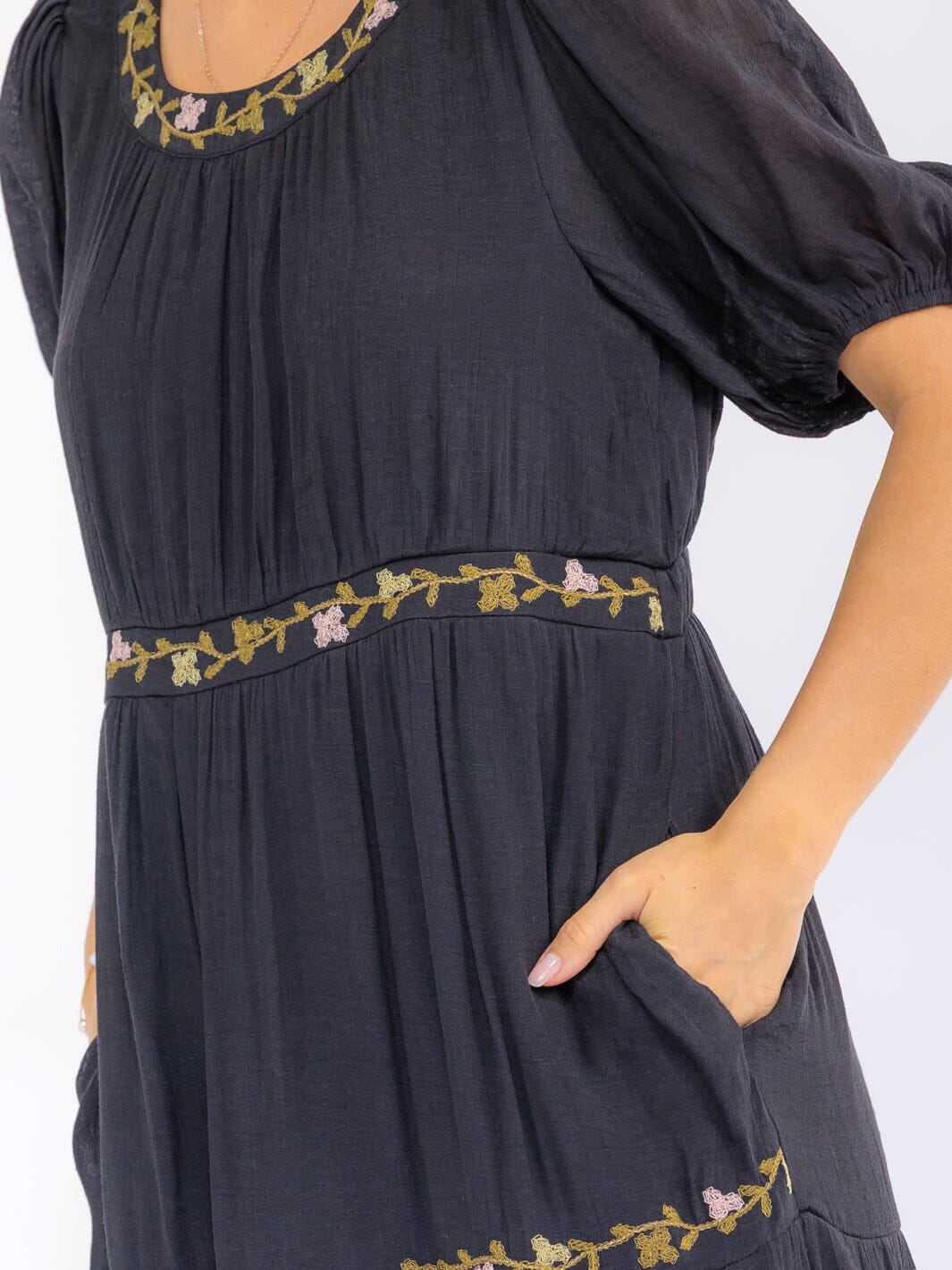 WOMEN'S SHORT SLEEVE V-NECK ELASTIC WAIST FRONT POCKETS FLORAL STITCHED MAXI DRESS
