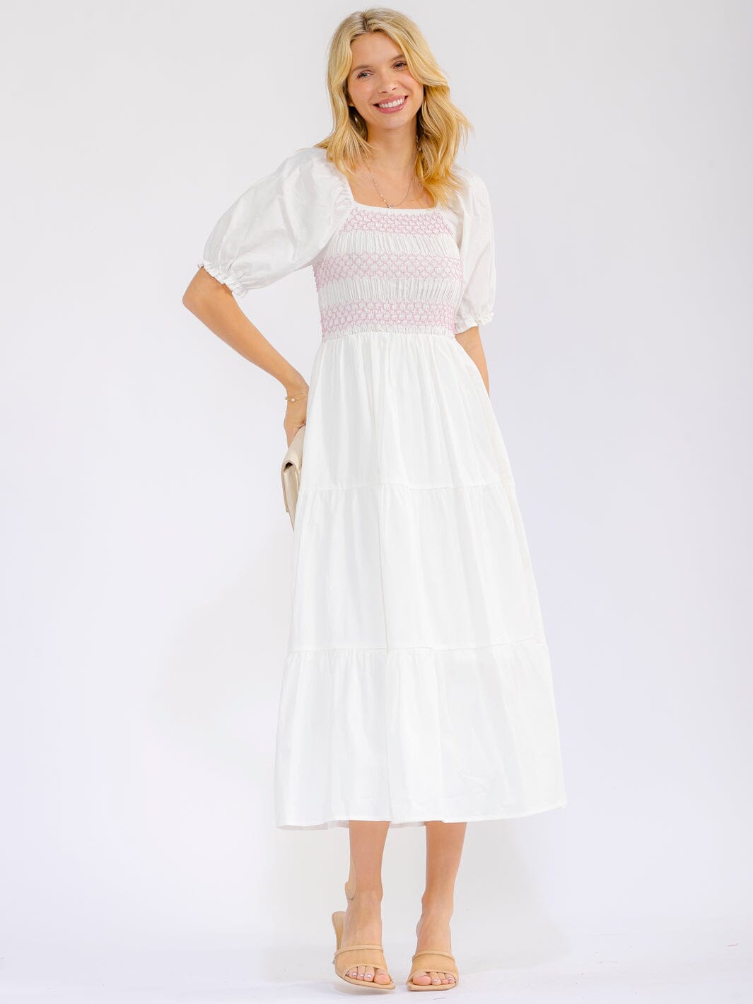 WOMEN'S SHORT SLEEVE SQUARE NECK ELASTIC WAIST FRONT POCKETS STITCHED MAXI DRESS