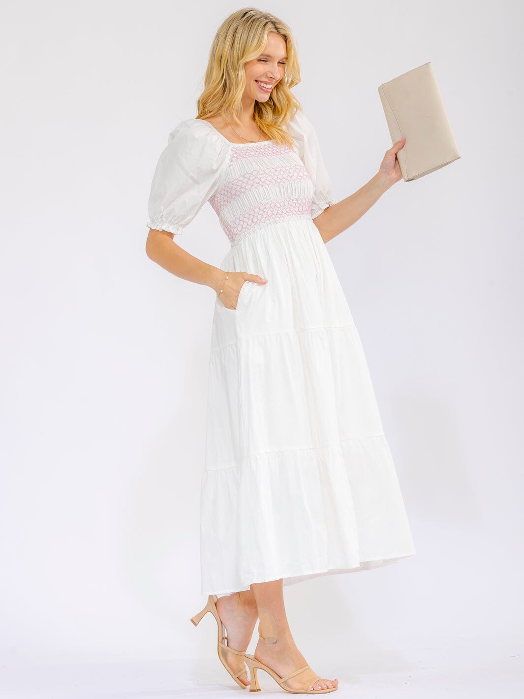 WOMEN'S SHORT SLEEVE SQUARE NECK ELASTIC WAIST FRONT POCKETS STITCHED MAXI DRESS