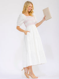 WOMEN'S SHORT SLEEVE SQUARE NECK ELASTIC WAIST FRONT POCKETS STITCHED MAXI DRESS