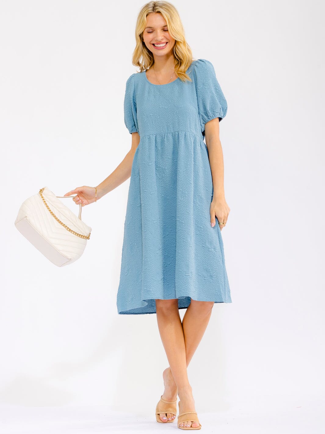 WOMEN'S SHORT PUFF SLEEVE FRONT POCKETS FLORAL MIDI DRESS