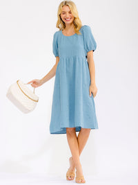 WOMEN'S SHORT PUFF SLEEVE FRONT POCKETS FLORAL MIDI DRESS