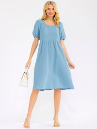 WOMEN'S SHORT PUFF SLEEVE FRONT POCKETS FLORAL MIDI DRESS