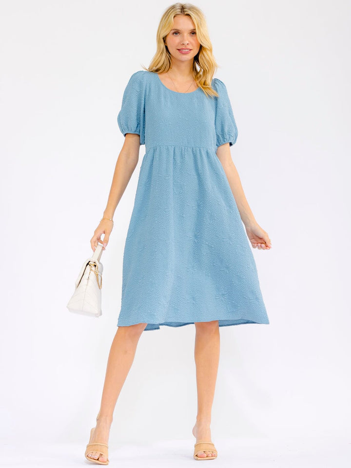 WOMEN'S SHORT PUFF SLEEVE FRONT POCKETS FLORAL MIDI DRESS