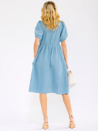 WOMEN'S SHORT PUFF SLEEVE FRONT POCKETS FLORAL MIDI DRESS