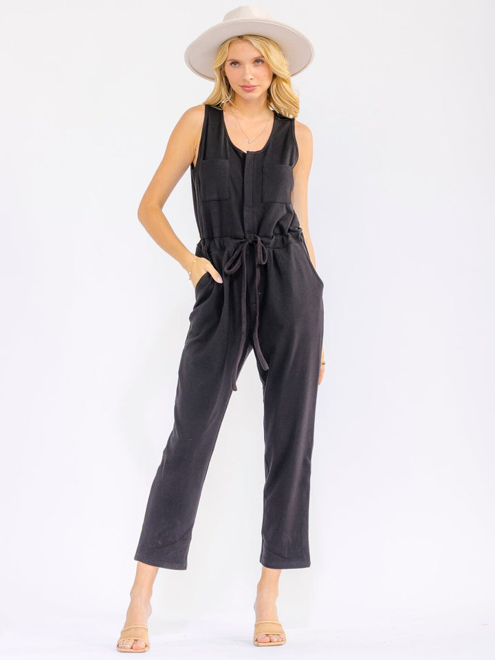 WOMEN'S LEEVELESS ZIP UP ELASTIC WAIST POCKETS STRAIGHT LEG JUMPSUIT