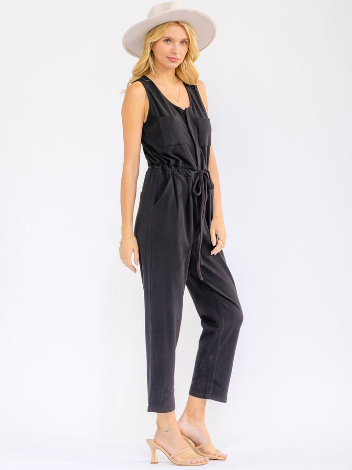 WOMEN'S LEEVELESS ZIP UP ELASTIC WAIST POCKETS STRAIGHT LEG JUMPSUIT