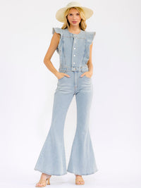 WOMEN'S RUFFLE SLEEVES BUTTON UP FRONT POCKETS BELL LEG DENIM JUMPSUIT