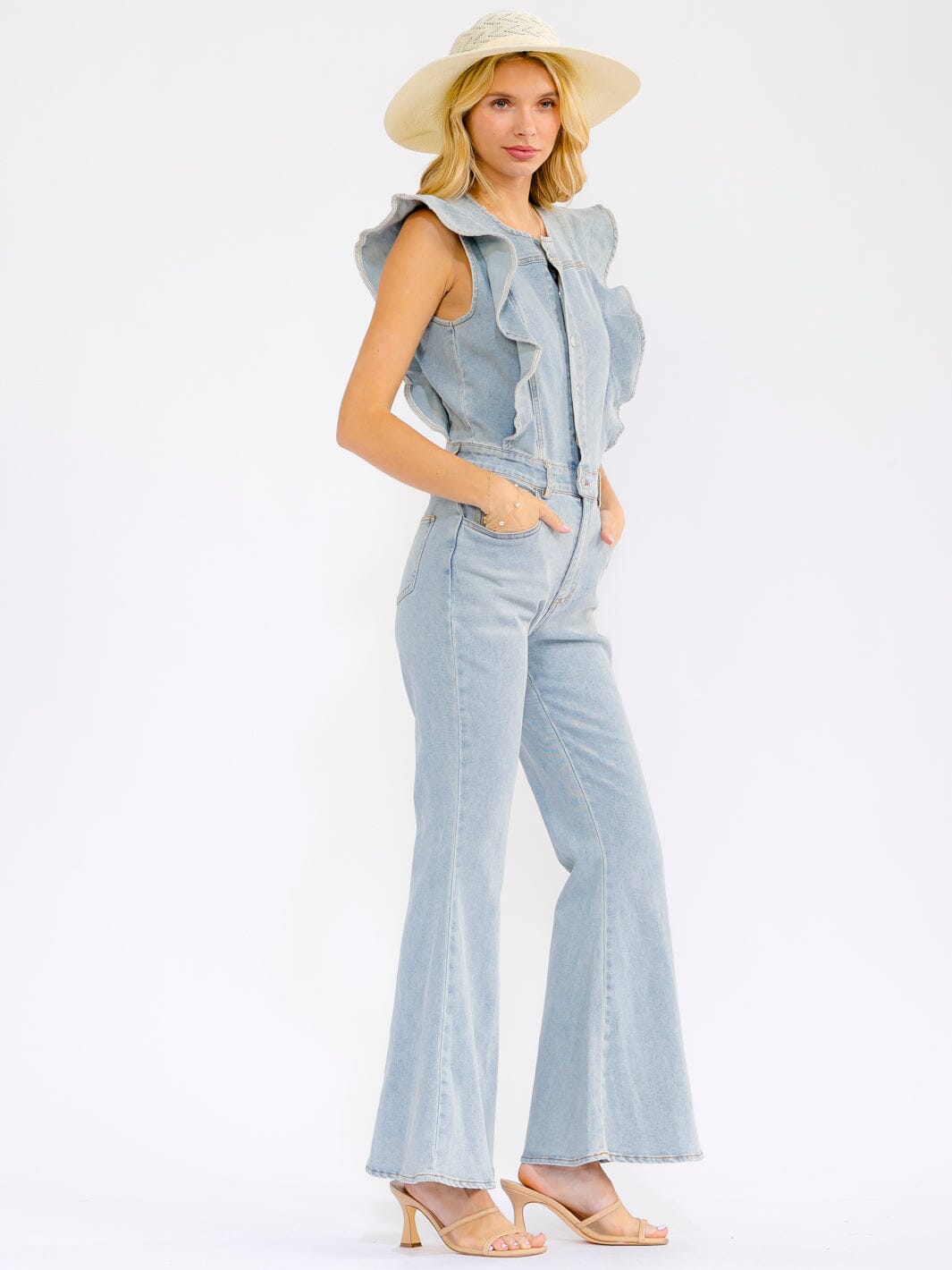 WOMEN'S RUFFLE SLEEVES BUTTON UP FRONT POCKETS BELL LEG DENIM JUMPSUIT