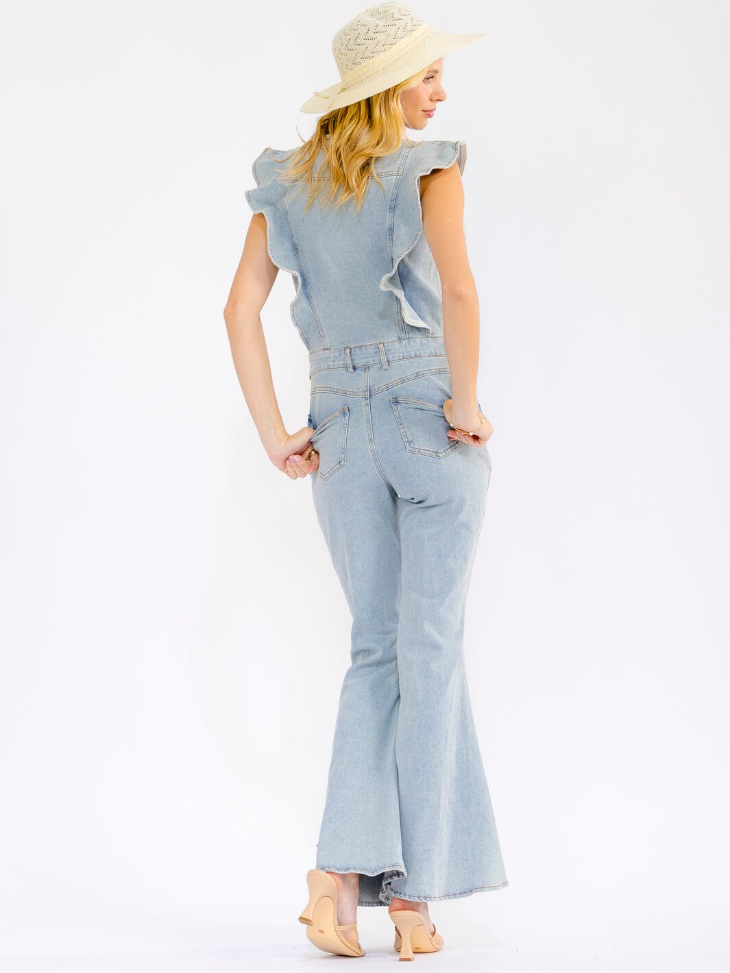 WOMEN'S RUFFLE SLEEVES BUTTON UP FRONT POCKETS BELL LEG DENIM JUMPSUIT