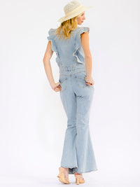 WOMEN'S RUFFLE SLEEVES BUTTON UP FRONT POCKETS BELL LEG DENIM JUMPSUIT