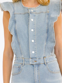 WOMEN'S RUFFLE SLEEVES BUTTON UP FRONT POCKETS BELL LEG DENIM JUMPSUIT