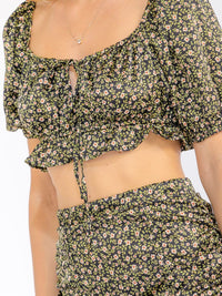 WOMEN'S SHORT SLEEVE CROP TOP & ZIP UP RUCHED SKIRT FLORAL 2PC. SET