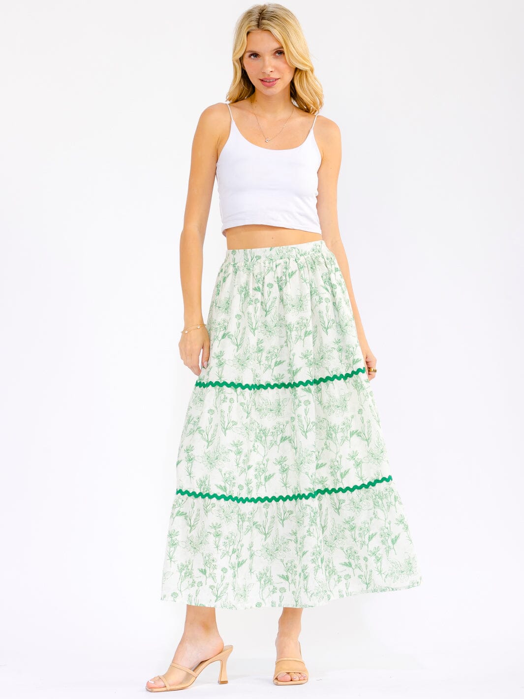 WOMEN'S ELASTIC WAIST FRONT POCKETS TIERED FLORAL MAXI SKIRT
