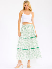 WOMEN'S ELASTIC WAIST FRONT POCKETS TIERED FLORAL MAXI SKIRT