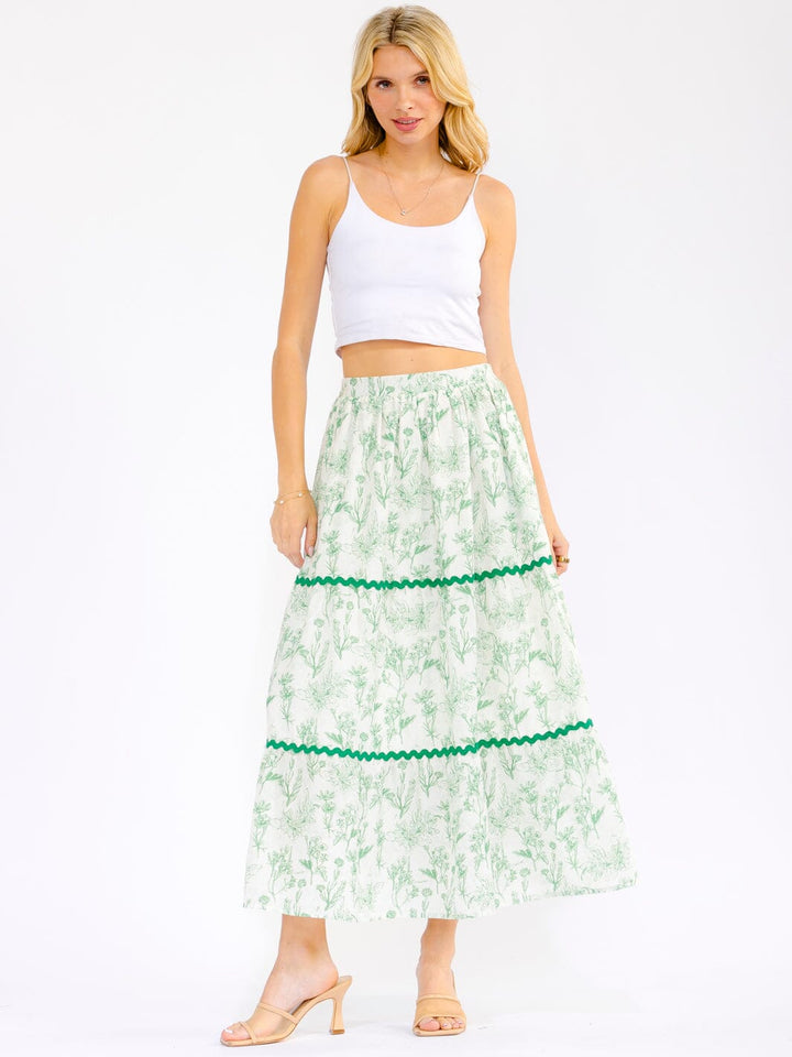 WOMEN'S ELASTIC WAIST FRONT POCKETS TIERED FLORAL MAXI SKIRT