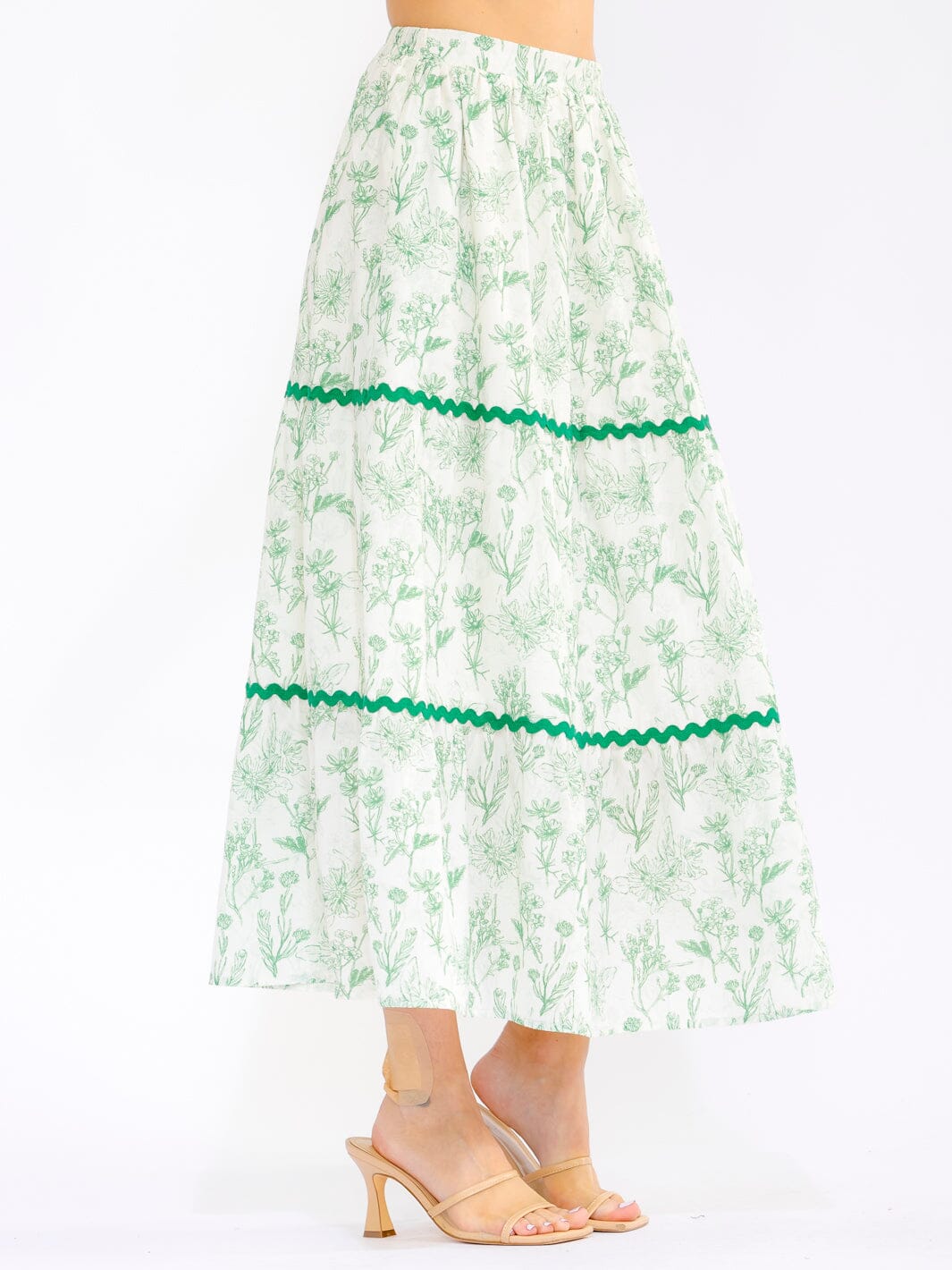 WOMEN'S ELASTIC WAIST FRONT POCKETS TIERED FLORAL MAXI SKIRT