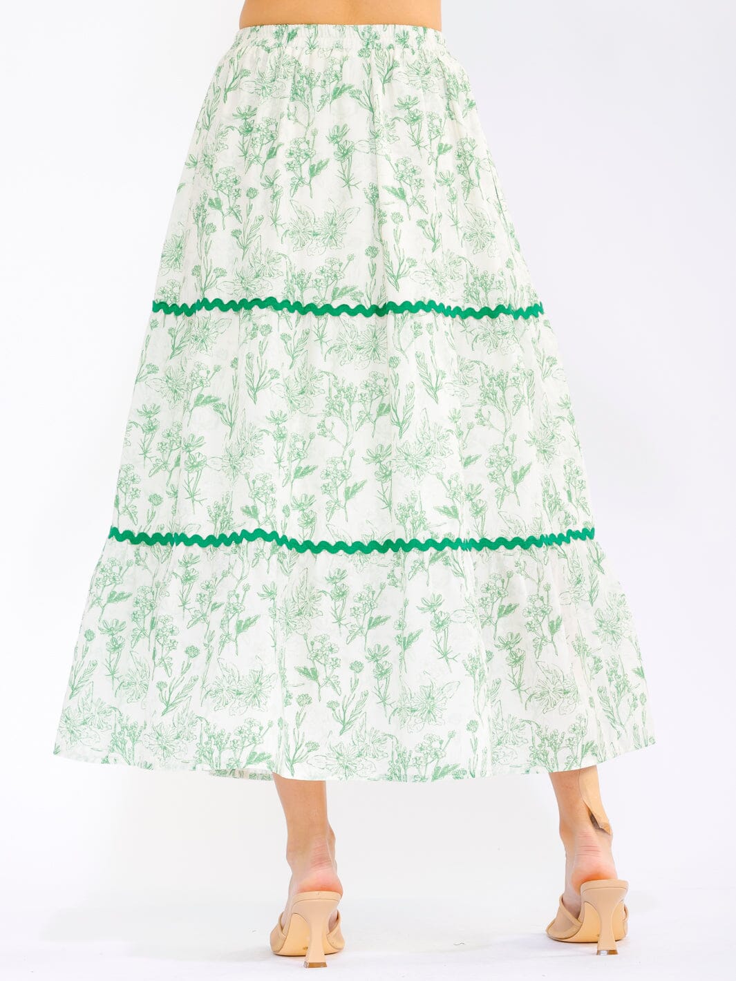 WOMEN'S ELASTIC WAIST FRONT POCKETS TIERED FLORAL MAXI SKIRT