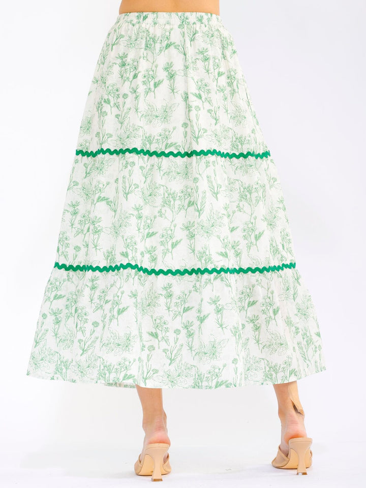 WOMEN'S ELASTIC WAIST FRONT POCKETS TIERED FLORAL MAXI SKIRT