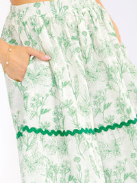 WOMEN'S ELASTIC WAIST FRONT POCKETS TIERED FLORAL MAXI SKIRT