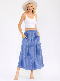 WOMEN'S ELASTIC WAIST FRONT POCKETS TIERED FLORAL MAXI SKIRT