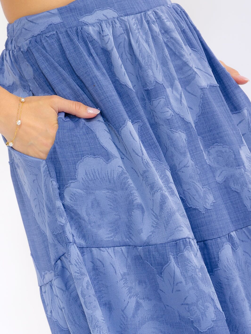 WOMEN'S ELASTIC WAIST FRONT POCKETS TIERED FLORAL MAXI SKIRT