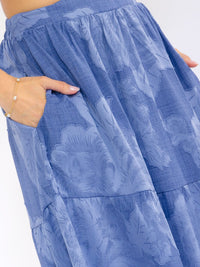 WOMEN'S ELASTIC WAIST FRONT POCKETS TIERED FLORAL MAXI SKIRT