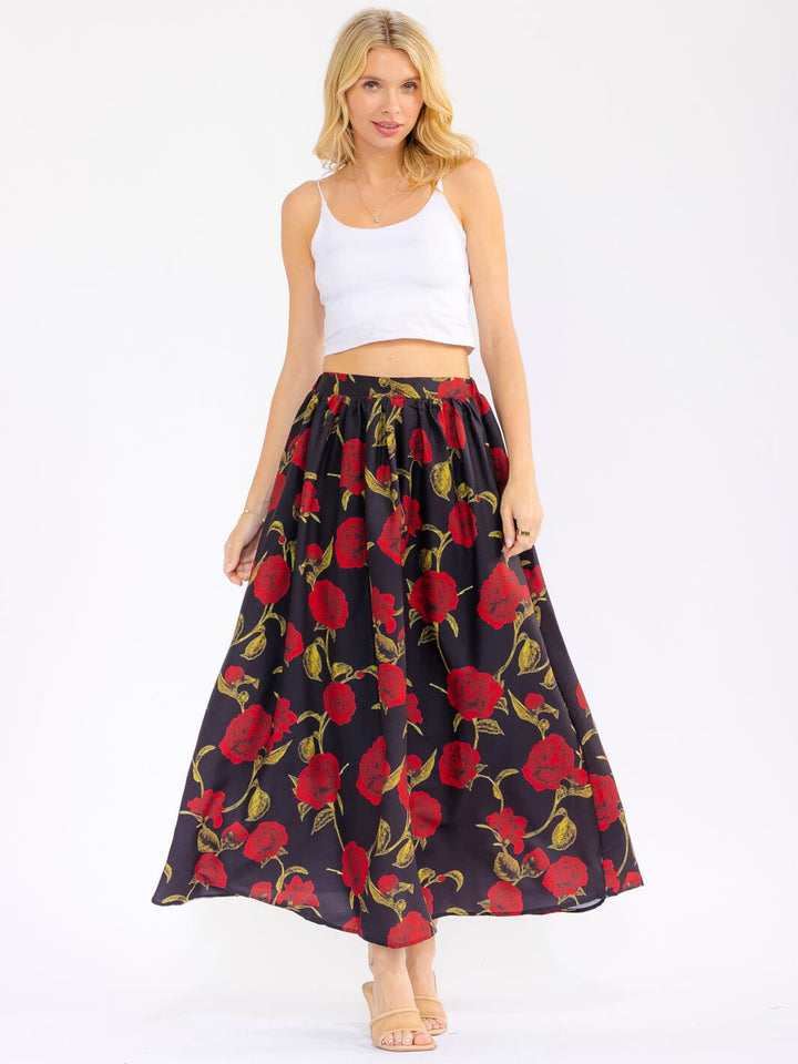 WOMEN'S ELASTIC WAIST FRONT POCKETS FLORAL MAXI SKIRT
