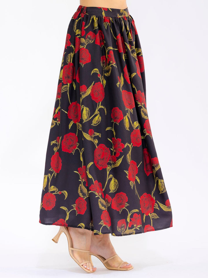 WOMEN'S ELASTIC WAIST FRONT POCKETS FLORAL MAXI SKIRT