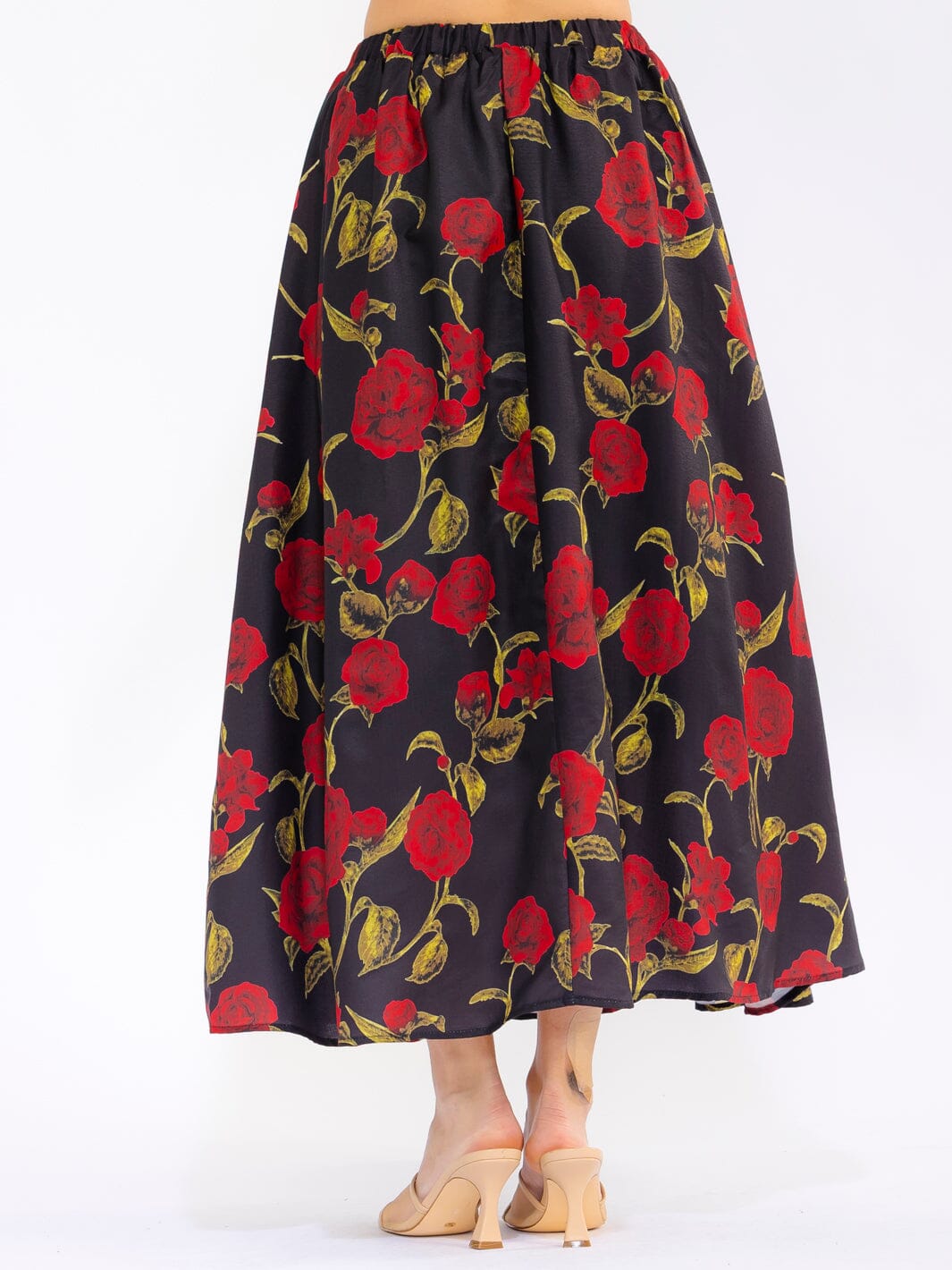 WOMEN'S ELASTIC WAIST FRONT POCKETS FLORAL MAXI SKIRT