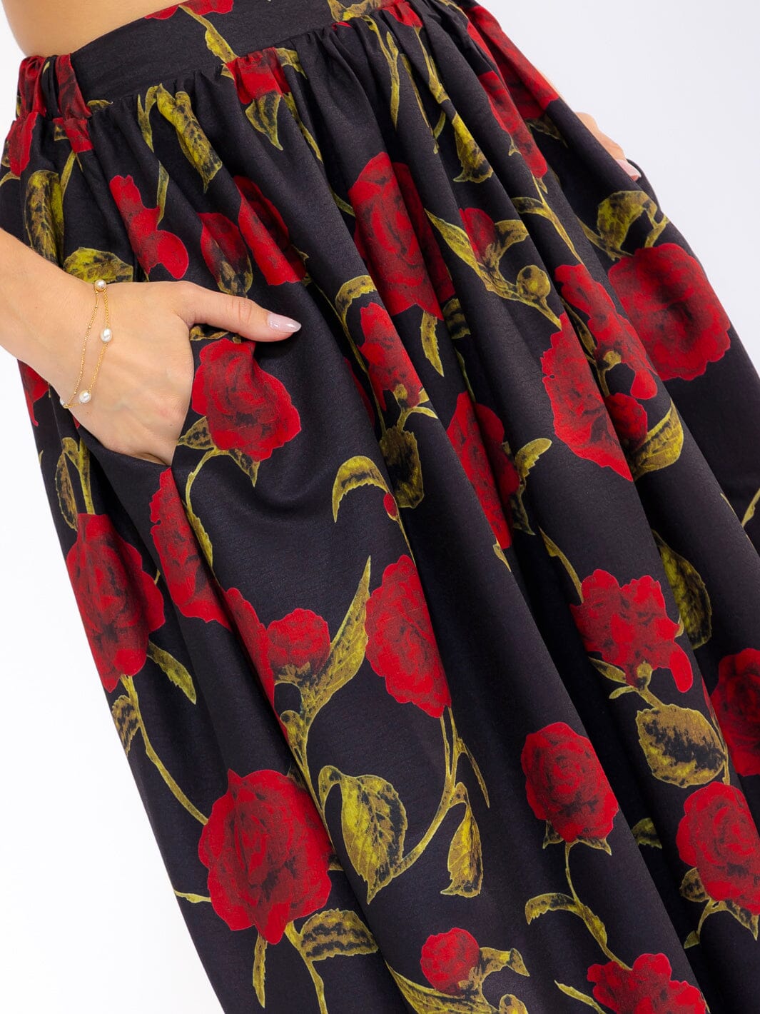 WOMEN'S ELASTIC WAIST FRONT POCKETS FLORAL MAXI SKIRT