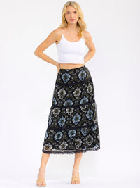 WOMEN'S ELASTIC WAIST FRONT POCKETS TIERED FLORAL MIDI SKIRT