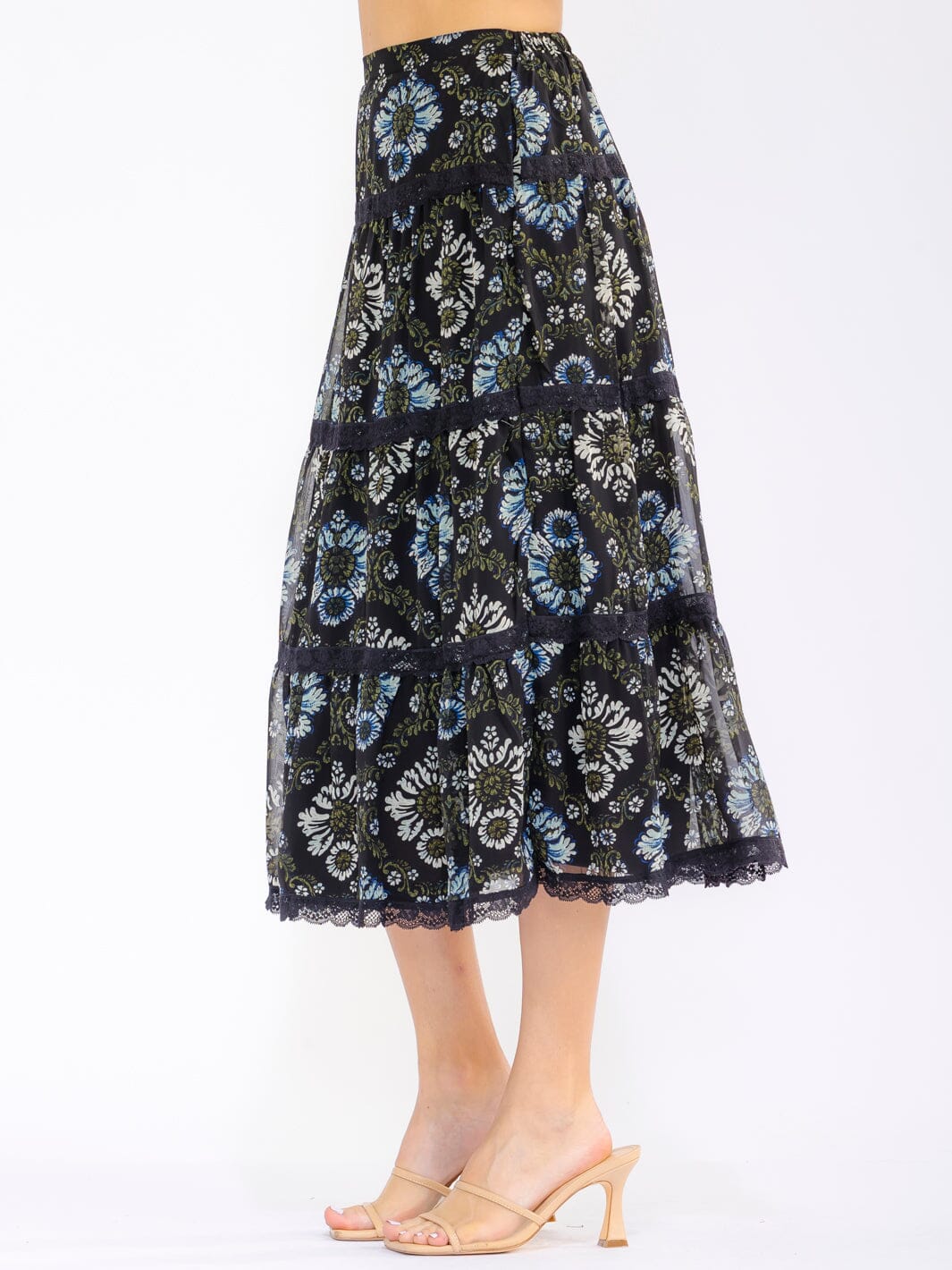 WOMEN'S ELASTIC WAIST FRONT POCKETS TIERED FLORAL MIDI SKIRT