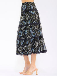 WOMEN'S ELASTIC WAIST FRONT POCKETS TIERED FLORAL MIDI SKIRT