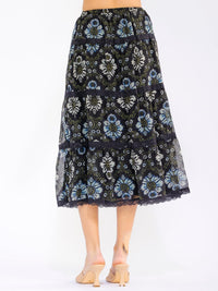 WOMEN'S ELASTIC WAIST FRONT POCKETS TIERED FLORAL MIDI SKIRT