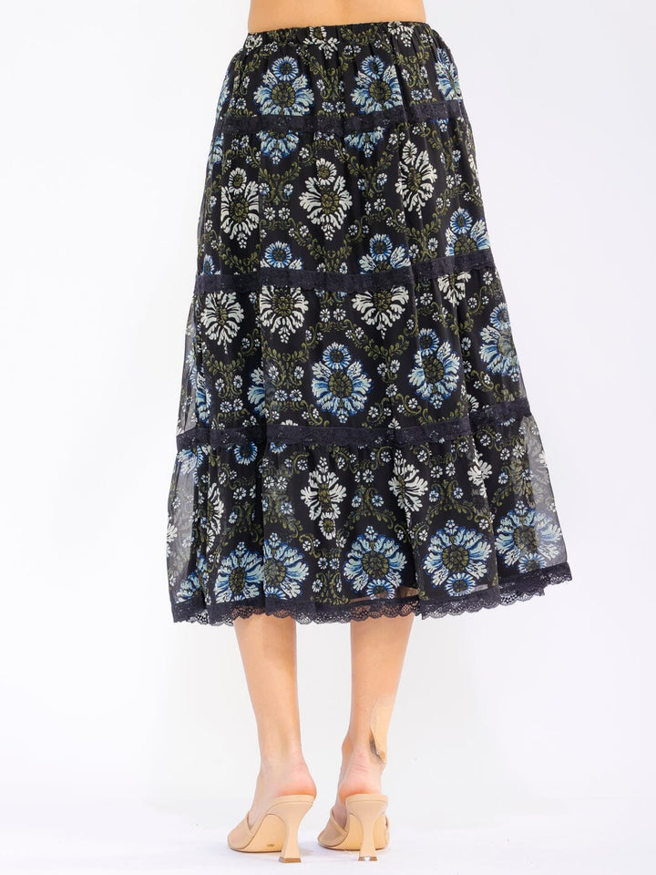 WOMEN'S ELASTIC WAIST FRONT POCKETS TIERED FLORAL MIDI SKIRT