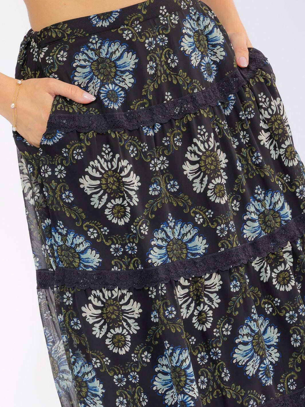 WOMEN'S ELASTIC WAIST FRONT POCKETS TIERED FLORAL MIDI SKIRT
