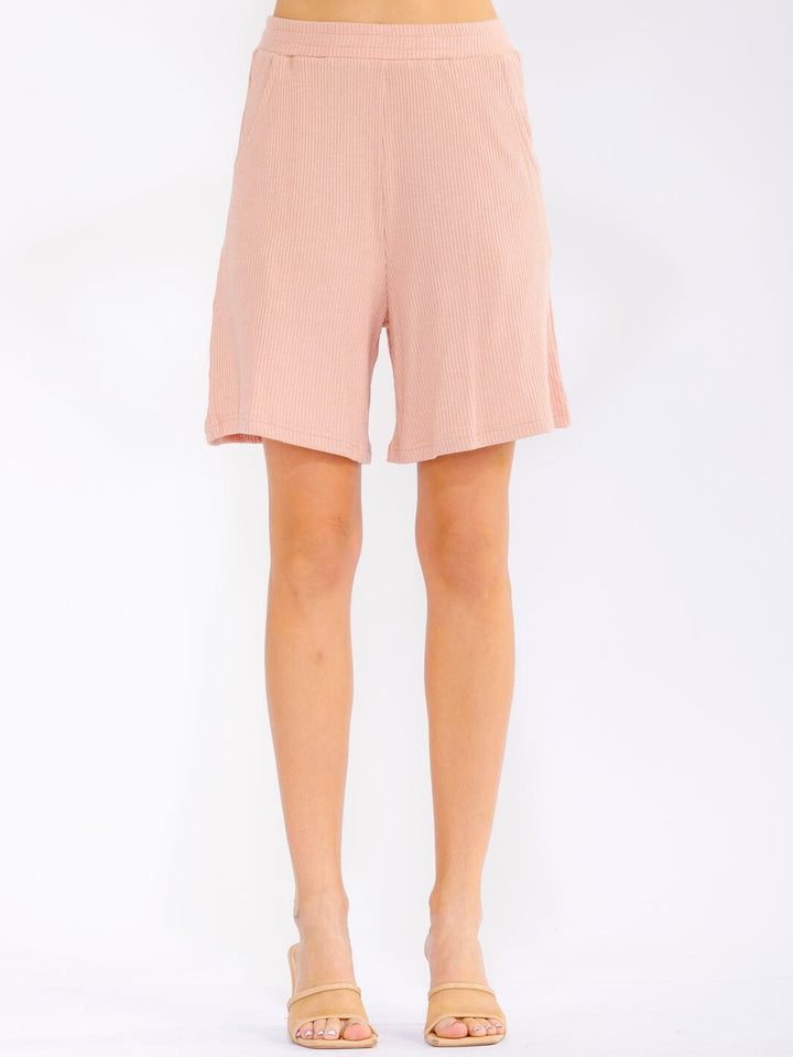 WOMEN'S ELASTIC WAIST FRONT POCKETS RIBBED SHORTS