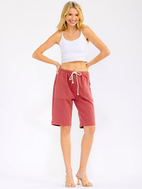 WOMEN'S ELASTIC WAIST SELF TIE FRONT POCKETS BERMUDA SHORTS