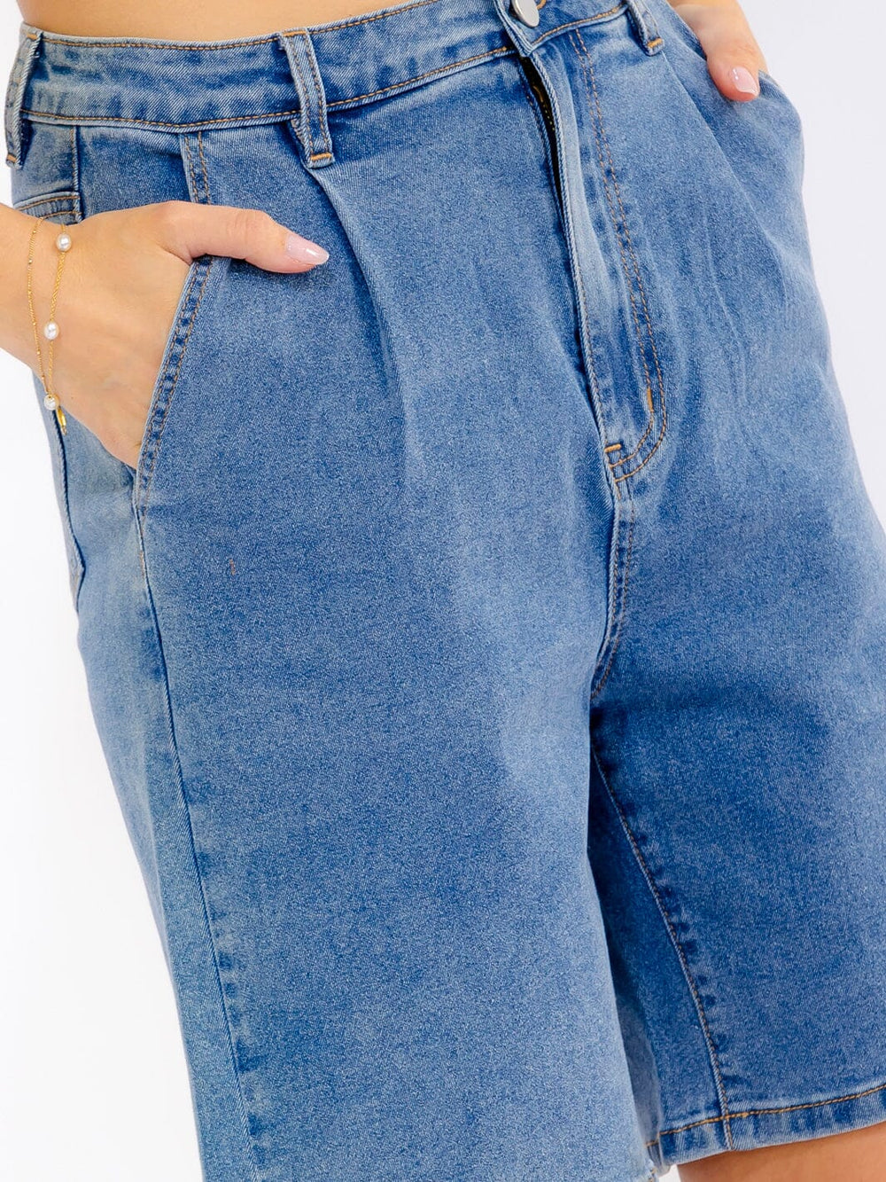 WOMEN'S BUTTON CLOSURE POCKETS STRETCH DENIM SHORTS