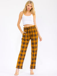WOMEN'S ELASTIC WAIST FRONT POCKETS STRAIGHT LEG PLAID PANTS