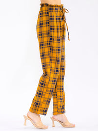 WOMEN'S ELASTIC WAIST FRONT POCKETS STRAIGHT LEG PLAID PANTS