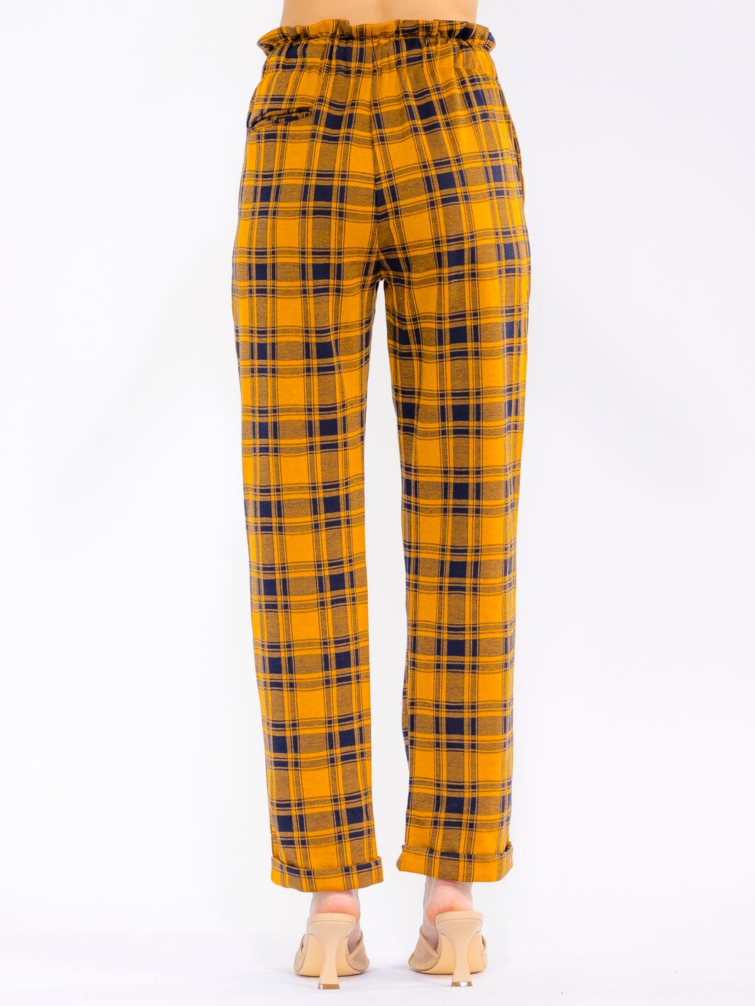 WOMEN'S ELASTIC WAIST FRONT POCKETS STRAIGHT LEG PLAID PANTS