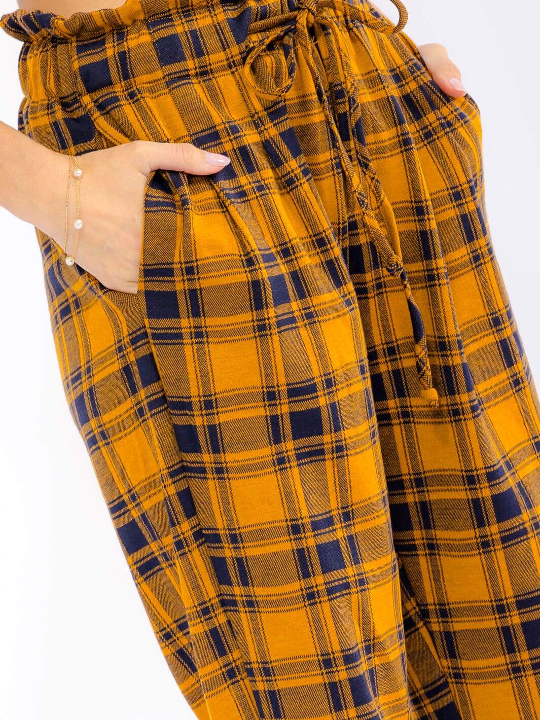 WOMEN'S ELASTIC WAIST FRONT POCKETS STRAIGHT LEG PLAID PANTS