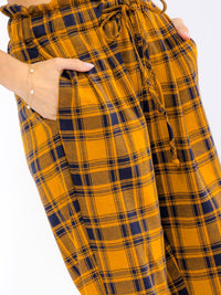 WOMEN'S ELASTIC WAIST FRONT POCKETS STRAIGHT LEG PLAID PANTS